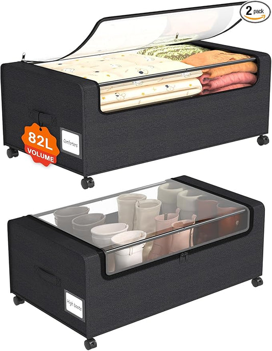 Webetop Under Bed Storage Containers with Wheels,12 inch Under the Bed Storage Bins with Clear Lid for Underneath Small Spaces Dorms, Blankets (2 Pack, 30.7"x17.3"x12")