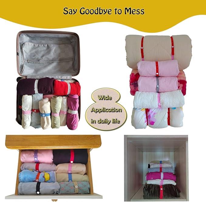 100Pcs Elastic Band with Button & Buttonholes,Heavy Duty Drawers Clothing Storage,Adjustable Roll-up Clothes Storage Band,Travel Luggage Space Saver, Drawer & Closet Organizer