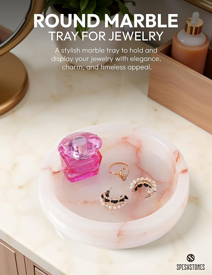 Marble Jewelry Dish 5 Inch Handmade Cream Onyx Jewelry Tray, Trinket Dish - Candle, Key & Ring Holder for Aesthetic Room Decor and Gifts for Women