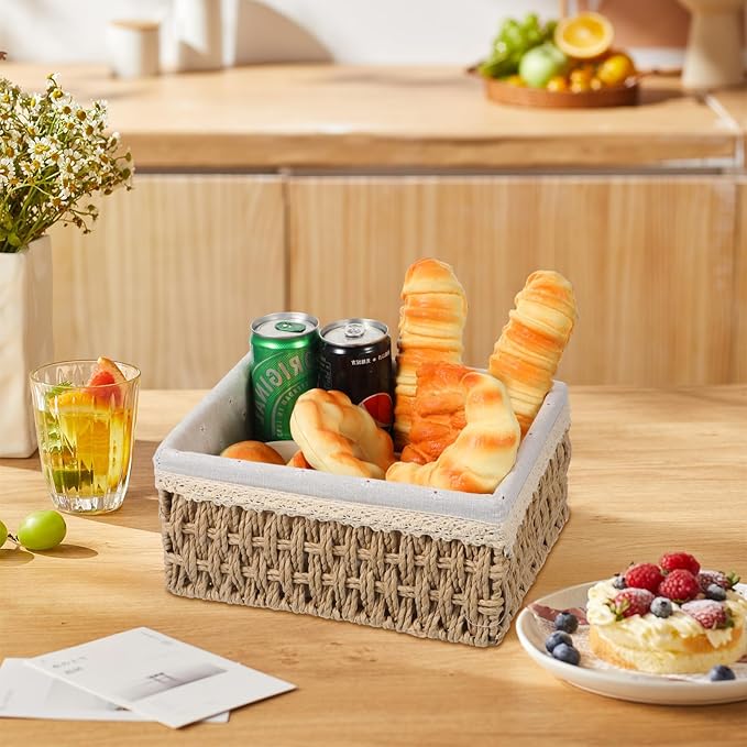 3 Pcs Storage Basket With Liner, Wicker Decorative Basket for coffee table, RectangleTray,Bathroom Countertop Organizer, rectangle Kitchen Drawer Organizer Storage (3 Sizes)