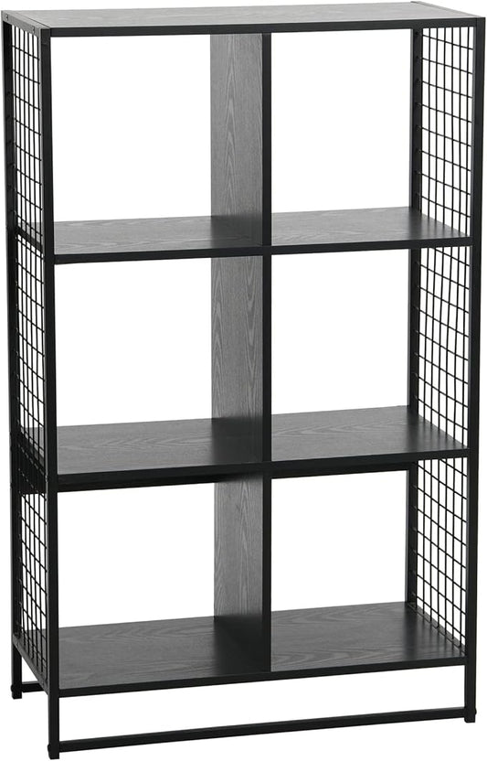 Household Essentials Trellis Open Storage Bookshelf with 6 Cube Compartments Black Oak Wood Grain and Black Metal