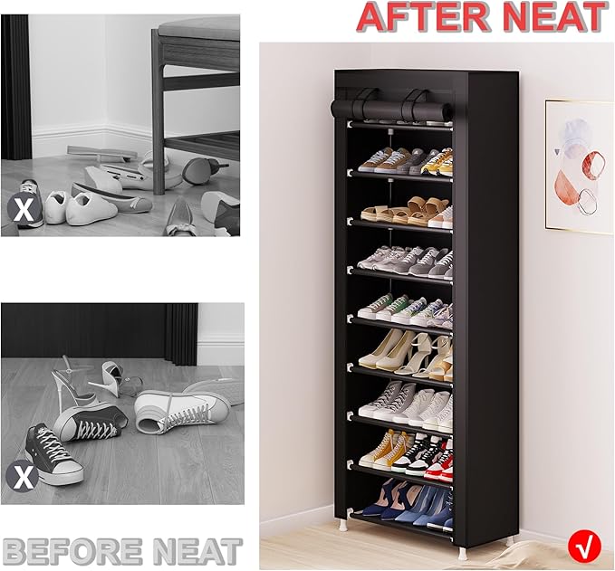 Calmootey 9 Tier Shoe Rack Organizer,Portable Shoe Shelf with Nonwoven Fabric Cover for Closet Hallway,Bedroom,Entryway,Black | Organizer, for Closet, Hallway, Bedroom, Entryway