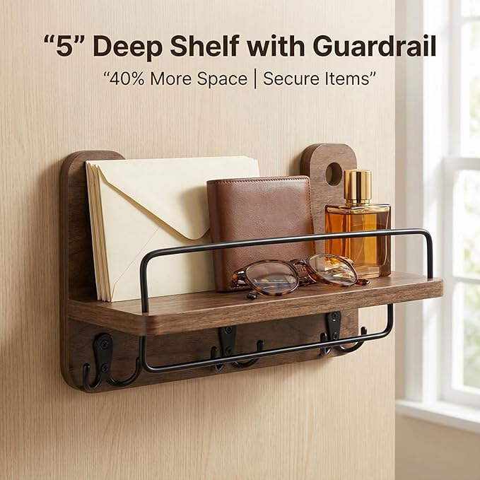 Key Holder for Wall with Shelf - 5.1" Deep Large Mail Organizer Wall Mount with 3 Heavy-Duty Dual Hooks & Safety Guardrail - Rustic Wood Wall Shelf for Entryway, Kitchen, Office