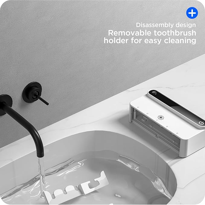 Bloom Toothbrush Sanitizer and Holder for Bathroom Walls, Strong 3M Adhesive, Time Display, Long-Lasting Charge, 5 Slots for Any Size Toothbrush, Black