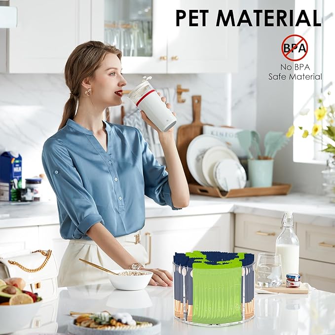 2PCS Rotating Drink Packet Organizer, BPA-Free Clear PET Leakproof Lazy Susan with 4 Compartments, 360° Silent Spinning Storage for Tea/Coffee/Sugar Packets - Pantry/Fridge/Countertop/Office