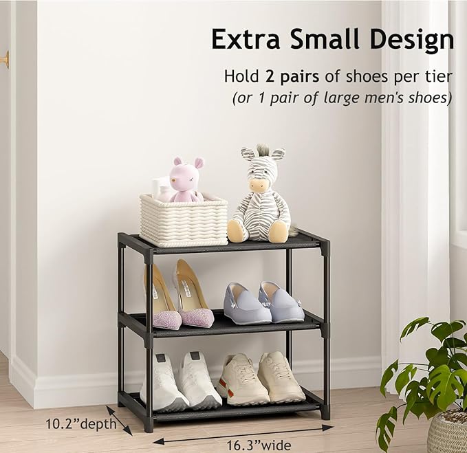 3 Tier Extra Small Shoe Rack (16.3" Wide), Narrow Stackable Shoe Shelf for Kids Toddler Adult, Ultra-Lightweight Shoe Rack Stand for Closet Dorm Bedroom Storage Organizer, Entryway
