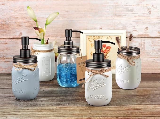 Mason Jar Bathroom Accessories Lids Set(4pcs) - Jars Not Included - Soap Dispenser, Apothecary Jars Lids for Regular Mouth Mason Jars, Wide Mouth Toothbrush Holder lid,-Stainless Steel,ORB