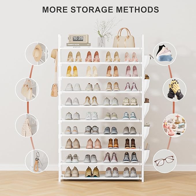 Tall Shoe Rack 10 Tier Shoe Racks Organizer for Closet 40-45Pairs,Large Capacity Storage Rack for Shoes with 5Hooks,Sturdy Metal Shoe Shelf, Vertical Shoe Stand Tower