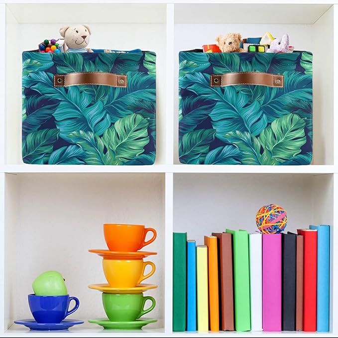 Bolaz Large Storage Basket Turquoise Tropical Leaves Green Foldable Storage Box Organizer Bins with Handles for Bedroom Home Office