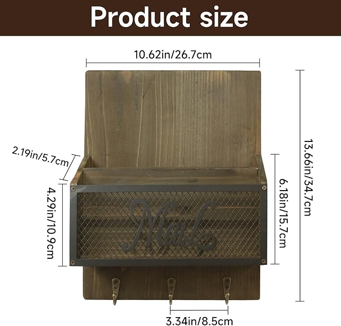 Key and Mail Holder for Wall, Farmhouse Mail and Key Organizer, Wood Mail Sorter with 3 Key Hooks for Doorway Entryway Hallway, Brown