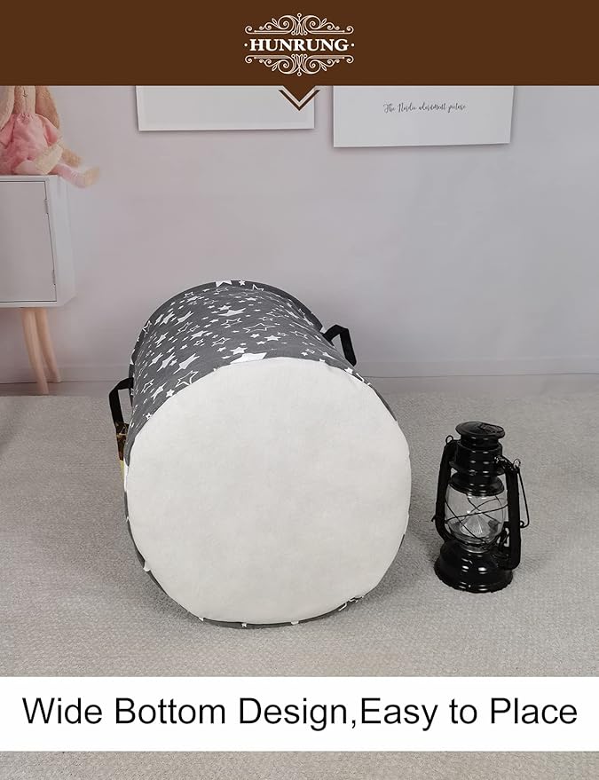 HUNRUNG Laundry Hamper,Large Canvas Fabric Lightweight Storage Basket Toy Organizer Dirty Clothes Collapsible Waterproof for College Dorms, Children Bedroom,Bathroomï¼Round starï¼