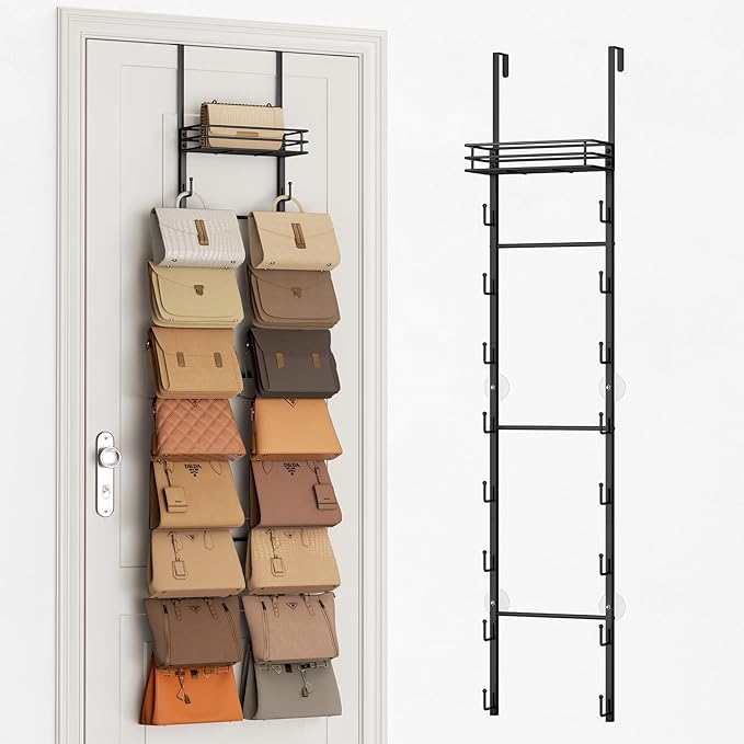 Over The Door Purse Organizer with 16 Hooks and Metal Basket - Space-SavingPurse Rack and Bag Organizer for Closet，Door - Handbag and Purse Storage
