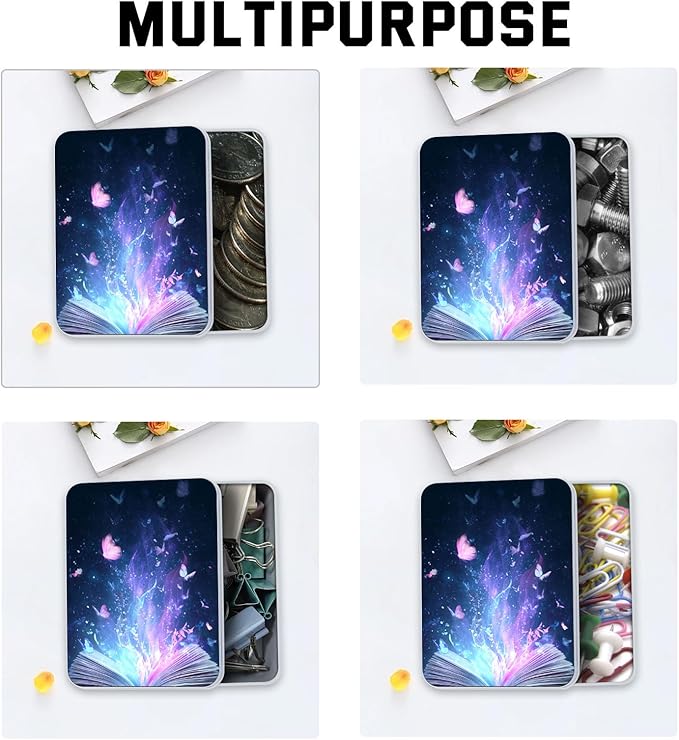Metal Tin Box with Lid,Multi-functional Storage Large Box Can Store Tea Biscuits Game Cards, Playing & Tarot Cards-Comes with 4 Magnetic Cord Clips,Magical Book with Butterflies