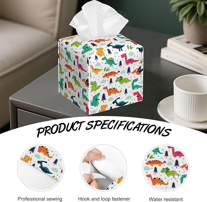Funny Dinosaurs Tissue Box Cover Square,Cartoon Clouds Trees Tissue Box Holder with Belt Bottom,Stylish Leather Napkin Holder for Vanity Countertop,Nightstands,Office Desk,5.2"Ã5.2"Ã5.2"