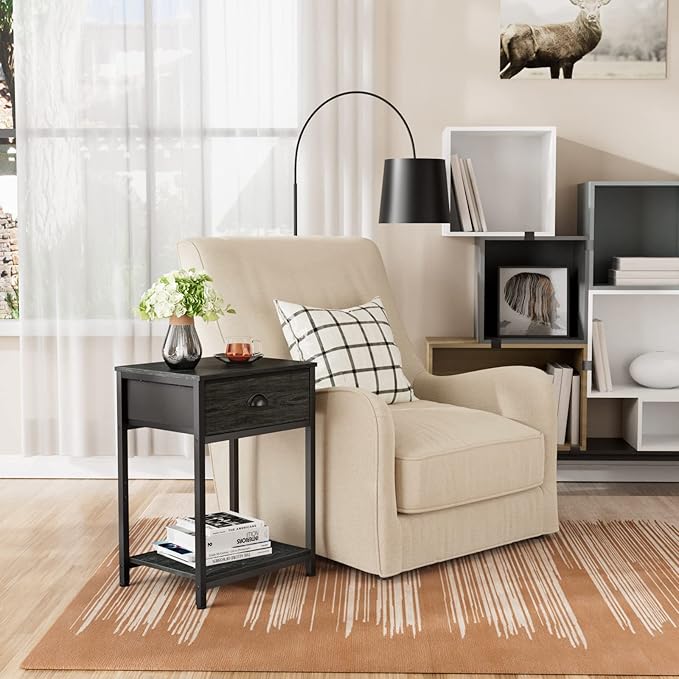 Nightstands Set of 4, Industrial End Table with Fabric Drawer&Storage Shelf, Small Bedside Table Organizer for Small Space, Side Table for Living Room, Tall 23.6" Night Stand for Bedroom, Black Oak