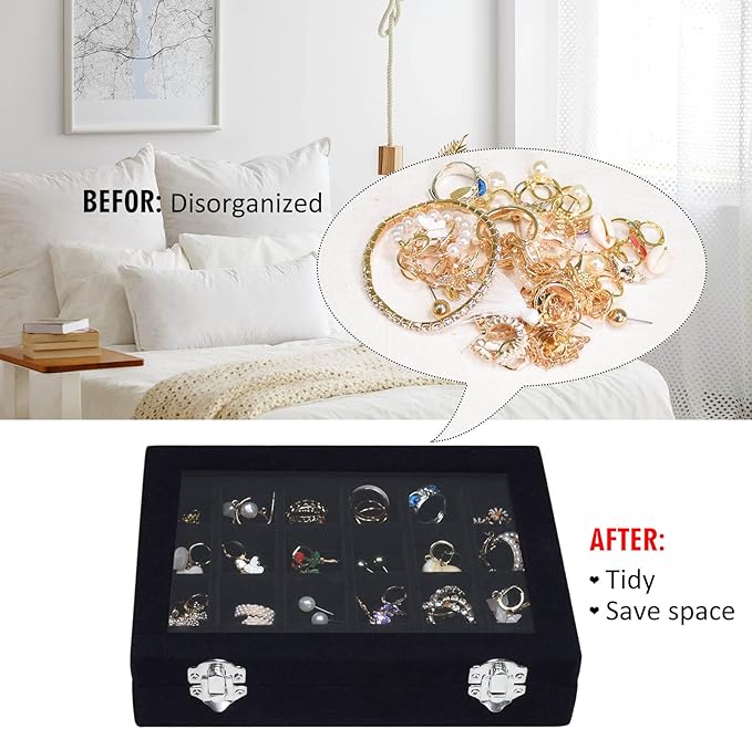 Velvet Jewelry Box 24 Grid Jewelry Ring Display Organiser Box Tray Holder Earrings Storage Case for Girls Wife Mom Women (Black)