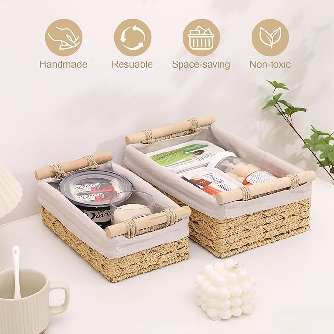 Wicker Storage Baskets with Wooden Handle, Decorative Paper Rope Organizer Bins for Home, Bathroom, or Countertop, Small Baskets Set of 2 (Beige)
