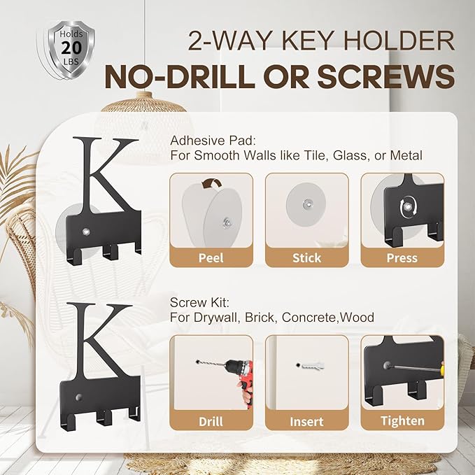 GPANDAG 2 Pack Key Holder Wall Mount with 20 Key Hooks, 10.2"x3.6" 20LB Metal Key Hanger for Kitchen/Living Room/Entryway/Apartment | Key Rack Hold Coat, Leash, Christmas/Home Decor | Dual Mount, KEYS