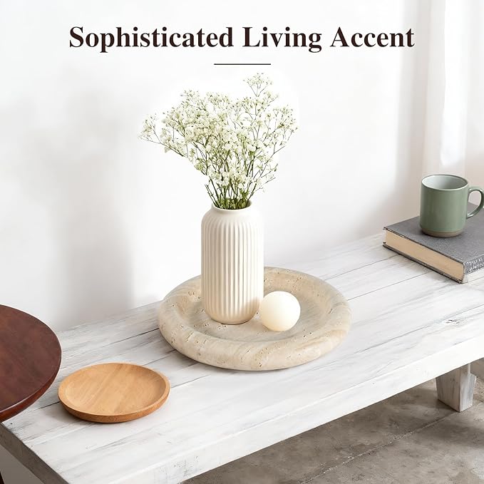 Natural Beige Travertine Vanity Tray - 8 Inch Round Stone Makeup & Jewelry Organizer Dish, Decorative Marble Tray for Bathroom Countertop, Coffee Table, Bedroom