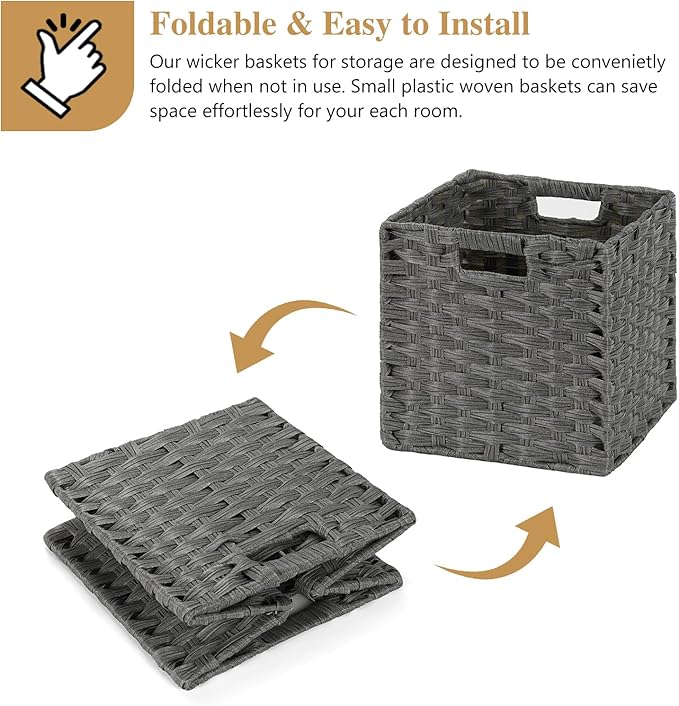 DULLEMELO 11x11 Wicker Baskets for Storage, Plastic Woven Cube Storage Bins for Shelves, Waterproof Foldable Wicker Baskets for Organizing Shelves,Closet, Clothes, Toys-Grey