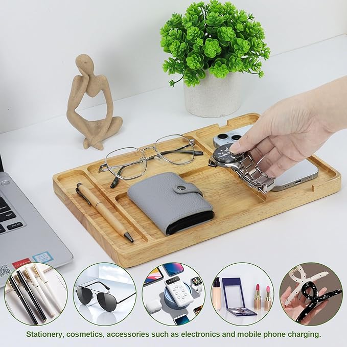 MultiBey Rubber Wood Valet Tray - Wooden Nightstand Organizer for Men Women, 4 Slot Desk Drawer Organizer Tray, EDC Catch All Tray with Cable Slot for Phone Watch Wallet Key Jewelry