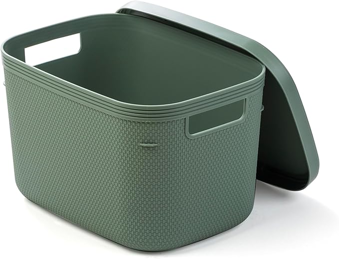 BINO | Plastic Storage Bins with Lids, 5.5 Liter - 3 Pack, Desert Green | THE TWILL COLLECTION | Plastic Bins for Organization | Woven Storage Baskets for Organizing Pantry Shelf Organizer Basket Bin