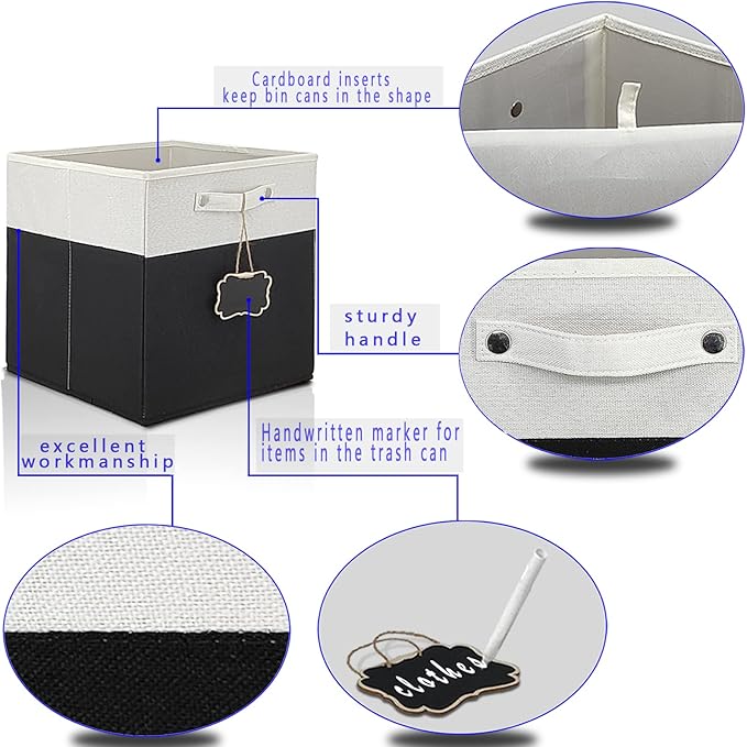 13x15x13 storage cube bins,Set of 4 Collapsible Fabric Storage Cubes with Labels,Linen Cube Storage Organizer Bins Kallax Storage Cubes for Organizing Office,Shelves,Cabinet,Clothes(White Black).