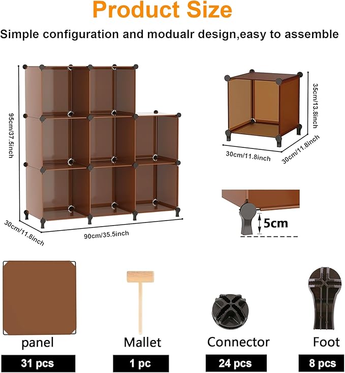 AWTATOS 8 Cube Storage Organizer, Closet Organizer Storage Shelf, Bookcase Bookshelf, DIY Stackable Storage Cubes Shelves for Closet, Bedroom, Home, Office, Cocoa Brown