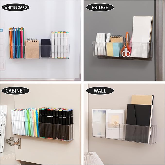 2 Pack Whiteboard Marker Holder for Home Office, Clear Magnetic Cup Holder for Dry Erase Marker, Remote Control, Cards, Locker Accessories, Refrigerator, Adhesive Bathroom Supplies Organizer