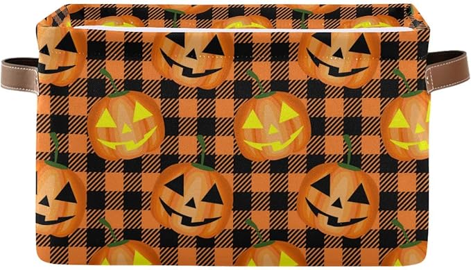 Bolaz Halloween Pumpkin Orange Buffalo Plaid Storage Basket,Large Storage Bin Fabric Collapsible Organizer Bag with Handles 15x11x9.5 inch