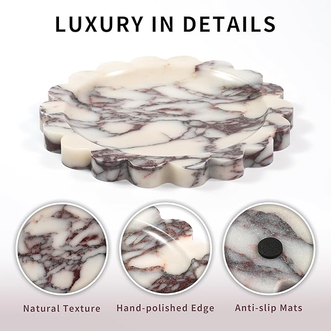Scalloped Round Marble Tray - 9.9 Inch Violet Stone Decorative Perfume Trinket Jewelry Dish, Catchall Organizer for Bathroom Vanity Dresser Kitchen Countertop Home Decor