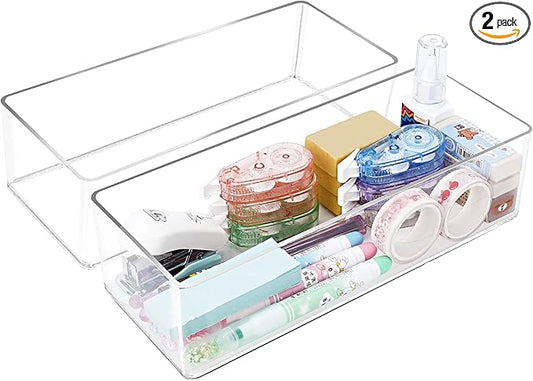 Stackable Clear Drawer Organizers Small Makeup Vanity Storage Bins Trays and Office Desk Drawer Dividers Single Compartment 2 Pack