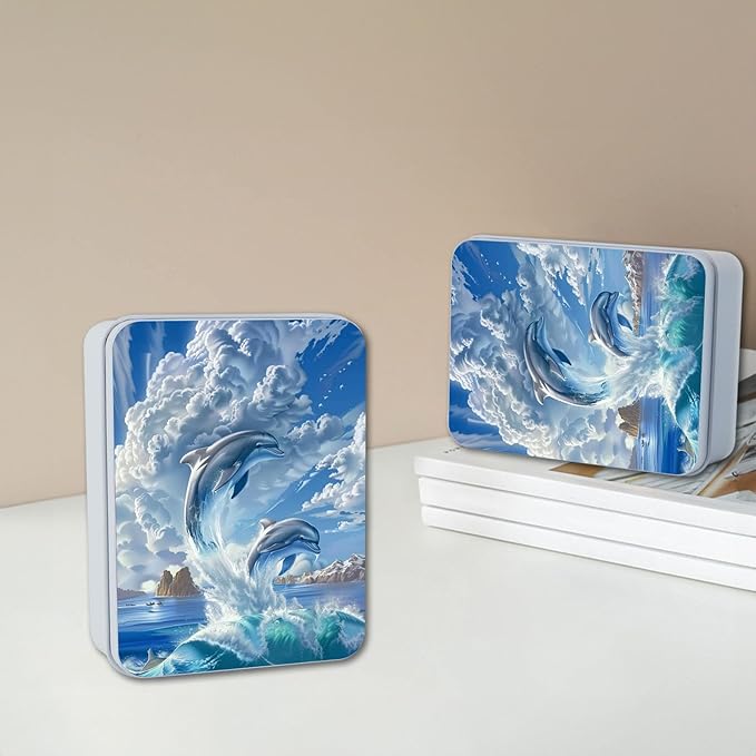 Metal Tin Box with Lid,Multi-functional Storage Box Can Store Tea Biscuits Game Cards, Playing & Tarot Cards-Comes with 4 Magnetic Cord Clips,Cute Dolphins