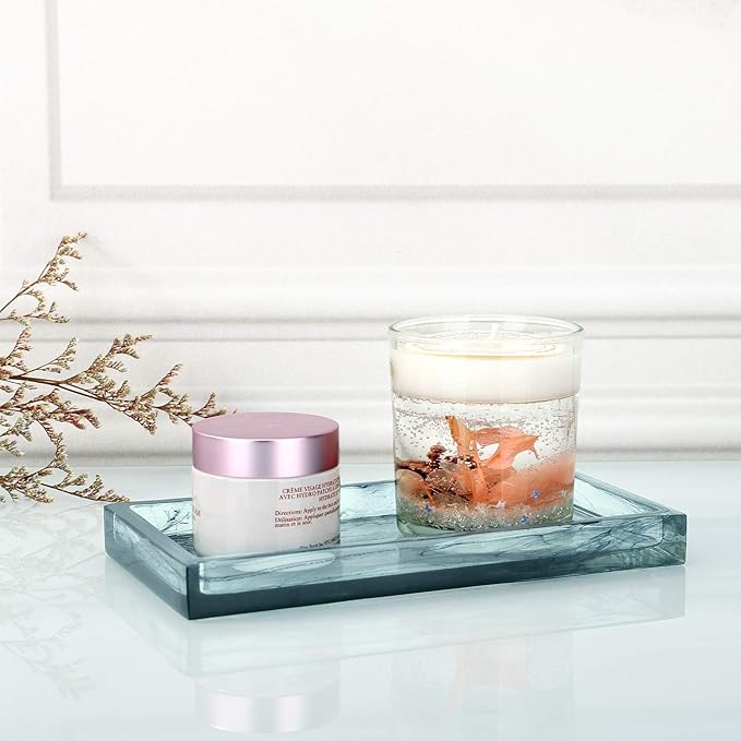 Emibele Jewelry Organizer Resin Tray, Bathroom Kitchen Dresser Vanity Organizer for Jewelry Cosmetic Shower Tissue Candle Perfume Soap Towel Shampoo Small Plant Decoration, Mini Size, Ink Blue