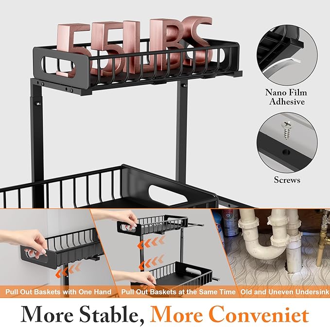 HBL' 1-Pack Large Metal Under Sink Organizer, 2-Tier Slide-Out Under the Kitchen Sink Organizer and Storage,Height Adjustable Under Sink Storage Shelves for Bathroom.
