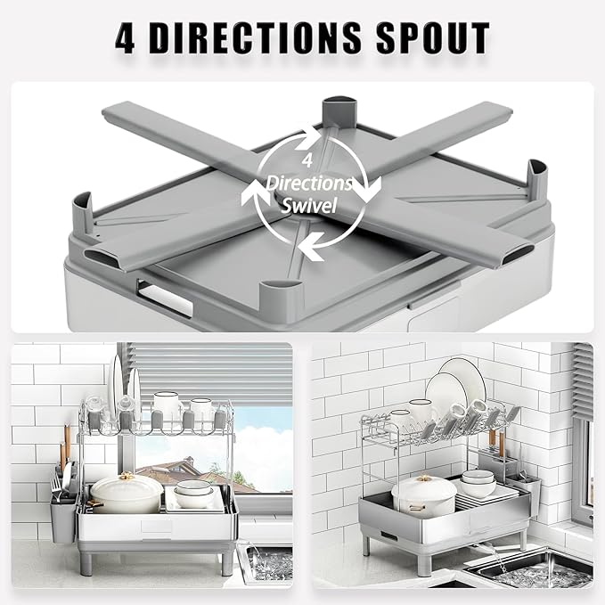 Ewaiira Dish Drying Rack, 304 Stainless Steel Dish Racks for Kitchen Counter, Dish Drainers with Automatic Drainage, Utensil Holder & Cups Holder, Space Saving Kitchen Organizer (2-Tier White)