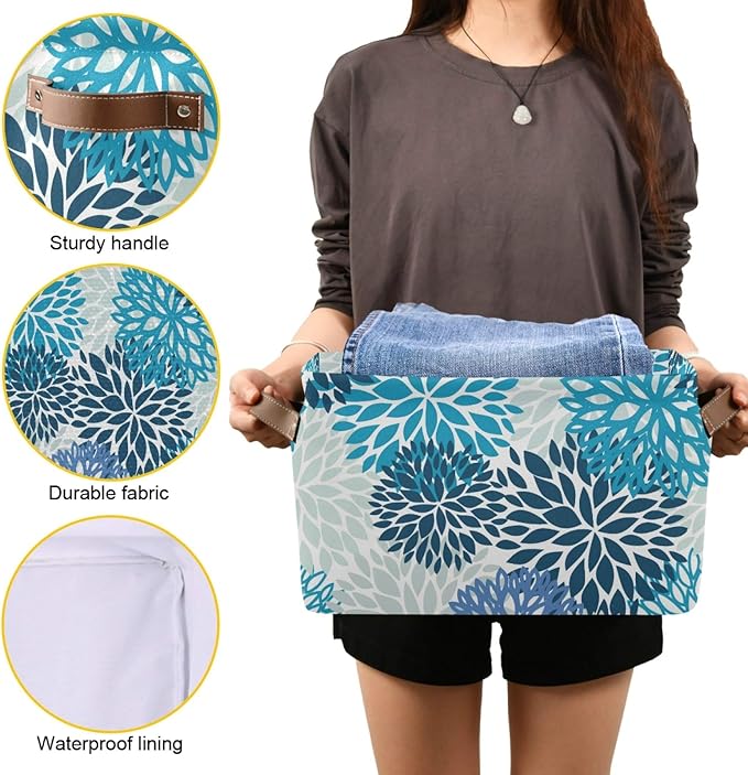 susiyo Large Foldable Storage Bin Blue Navy Chrysanthemum Flowers Fabric Storage Baskets Collapsible Decorative Baskets Organizing Basket Bin with PU Handles for Shelves Home Closet Bedroom-2Pack