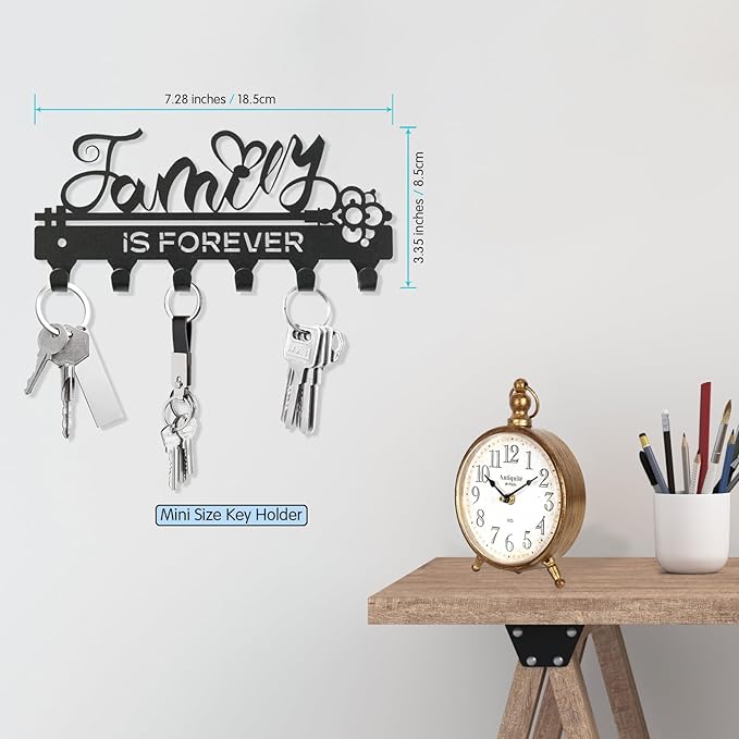 ”Family is Forever”Mini Key Holder Wall Mounted,Small Key Holder on Wall,Black Metal Decorative Key Rack Hooks for Garage,Mudroom,Hallway,Entryway,Front Door,Office(Mini Size:18.5x8.5cm)