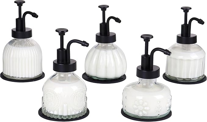 Glass Soap Dispenser for Kitchen and Bathroom Countertop, Smooth Action Pump Refillable Wash Hand Liquid, Dish Detergent, Farmhouse Style with Cylindrical Shape Shampoo Lotion Pump