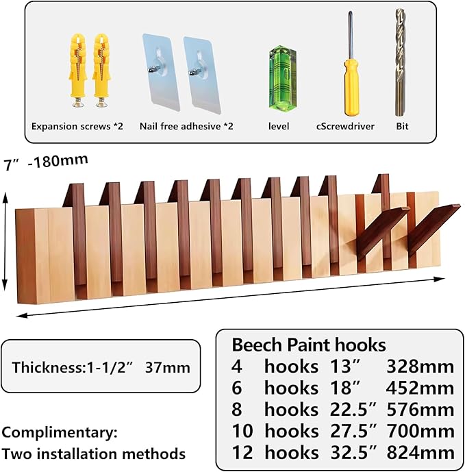 Wall Mounted Coat RackHooks Piano Key Hangers Natural Solid Wood Hanger Non-Woven Fabric Clothes Hangers for Closet, Kitchen, Bedroom, Bathroom, Entryway (Walnut-Beech, 10 Hooks)