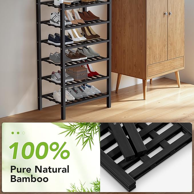Haddockway Small 6 Tier Bamboo Shoe Rack Storage Organizer,Multifunctional Free Standing Stackable Shoe Shelf with Grid Panel for Closet,Hallway,Entryway,Small Space 18"x11"x34"