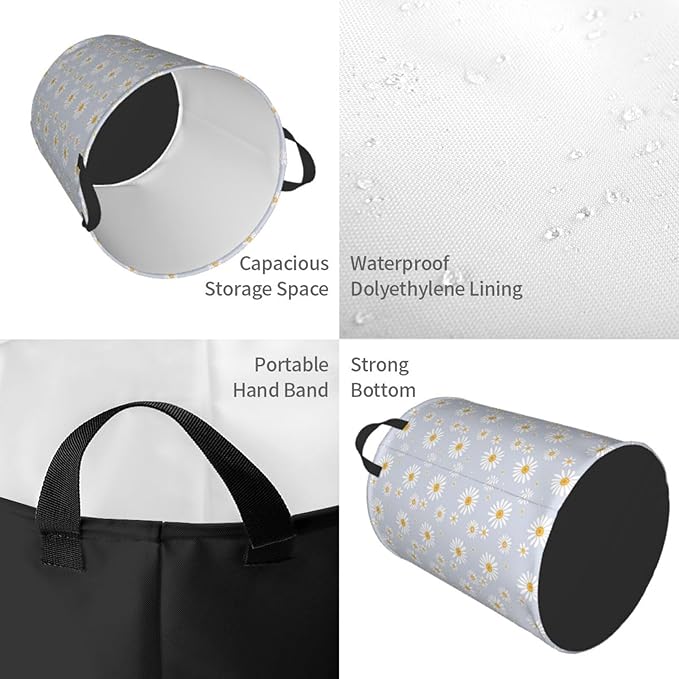 Daisy Flowers Round Laundry Hamper Storage Basket Toys Clothes Organizer Bin For Home Bathroom Bedroom Dorm Nursery, 38l