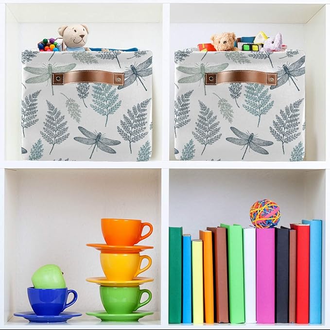 susiyo Large Foldable Storage Bin Fern Botanical Dragonfly Fabric Storage Baskets Collapsible Decorative Baskets Organizing Basket Bin with PU Handles for Shelves Home Closet Bedroom Living Room-1Pack