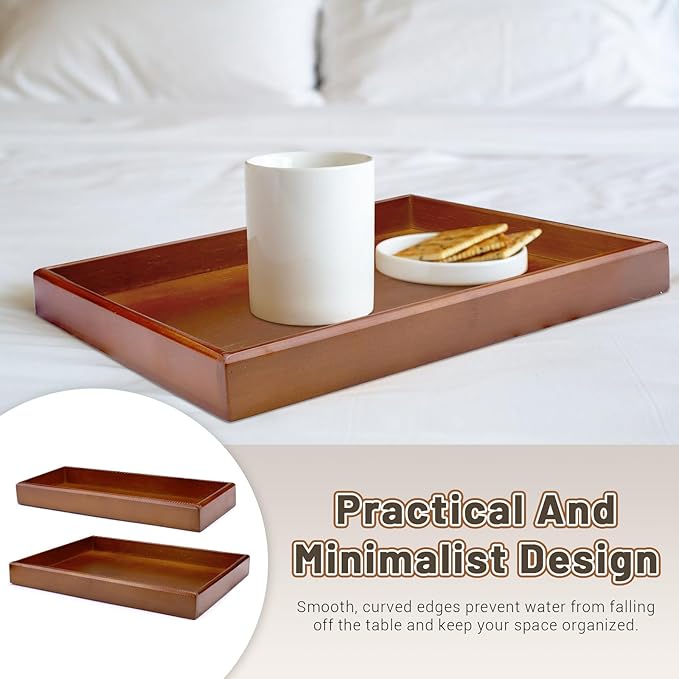 Rectangle Wood Bathroom Tray, 11.4" x 4.3" Wooden Serving Platter, Decorative Ottoman Tray Organizer for Counter Vanity Kitchen Decor Table Party (Small)