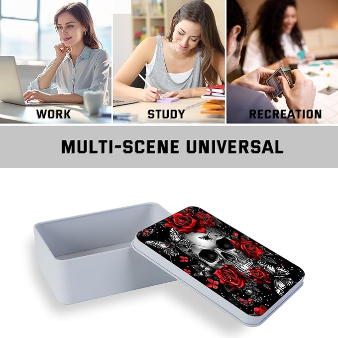Metal Tin Box with Lid,Multi-functional Storage Large Box Can Store Tea Biscuits Game Cards, Playing & Tarot Cards-Comes with 4 Magnetic Cord Clips,Skull Roses Butterfly