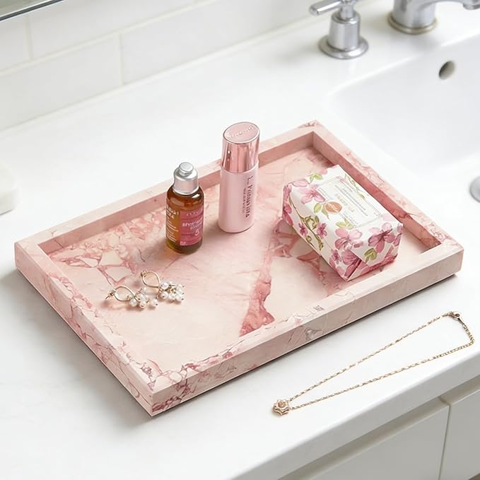 Natural Marble Tray, Stone Tray for Bedroom/Bathroom/Kitchen/Vanity Countertop, Jewelry Tray for Rings Earrings Necklace Bracelet Watch, Room Decor Aesthetic