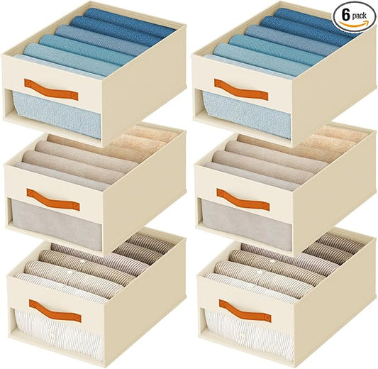 Drawer Organizers and Storage - 6 Pack Foldable Pants Organizer with Clear Window & Handles, Fabric Closet Organizer for Clothes, Jeans, Sweaters, Towels, T-shirt, Scarf (Beige)