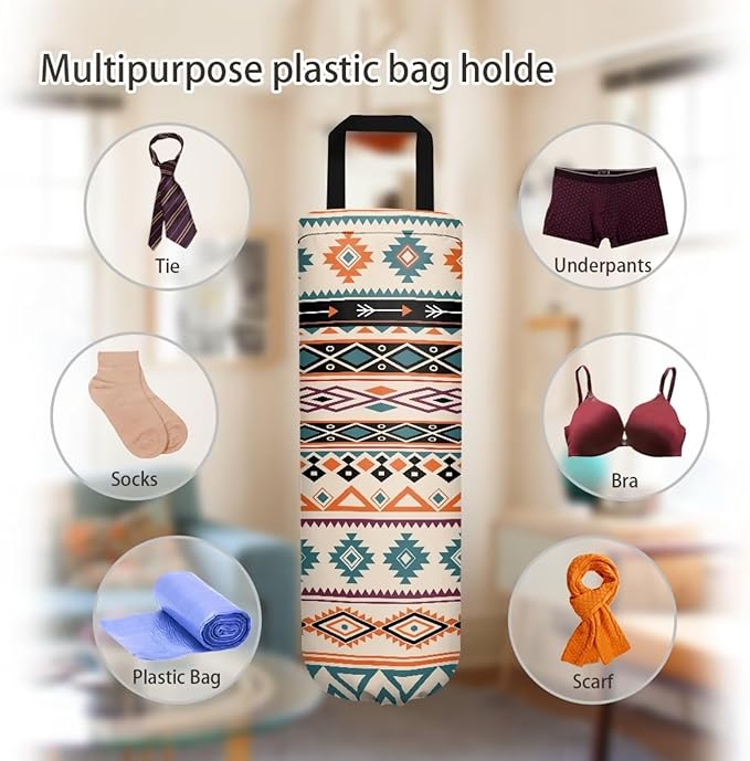 Plastic Bag Holder Set of 2 Hanging Grocery Bag Holder Reusable Plastic Bag Dispenser Trash Bag Organizer Container,Ethnic Aztec Tribal Stripes