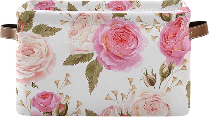 susiyo Large Foldable Storage Bin, Floral Pink Roses Fabric Storage Baskets for Shelves, Closet Organizer Bins, Decorative Baskets Clothes Storage Bin with PU Handles -2Pack