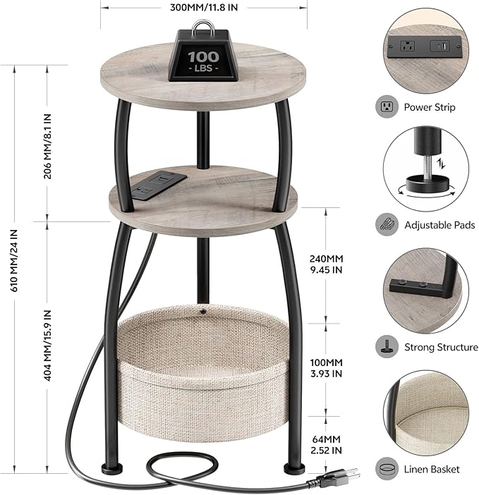 Side Table with Charging Station, Small Round End Table with Basket, USB Port and Outlet, 3 Tiers Sofa Couch Table Bedside Table for Living Room Bedroom, Small Spaces, 11.81in Greige